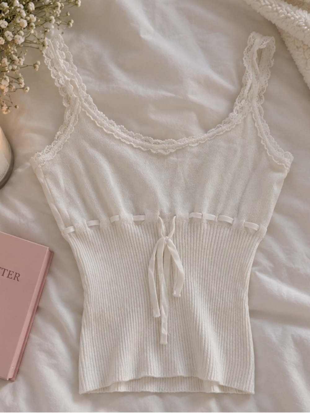 Brandy Melville Cream Lace-Trim Ribbed Tank Bandeau